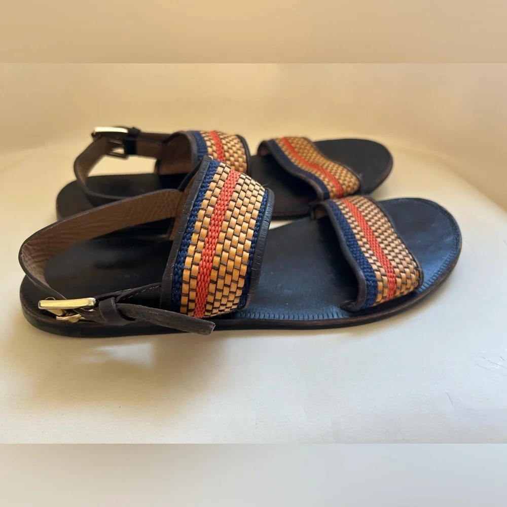 Zara Black Leather Sandals with Tan, Red & Blue Woven Straps